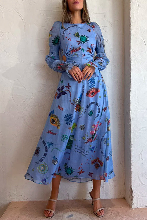 Balloon Long Sleeves Cut Out Graffiti Printed Flowy Midi Dress Blue