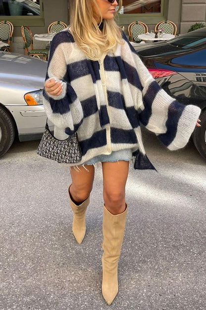 Lantern Sleeves Button Down Color Block Stripes Sweater with Scarf