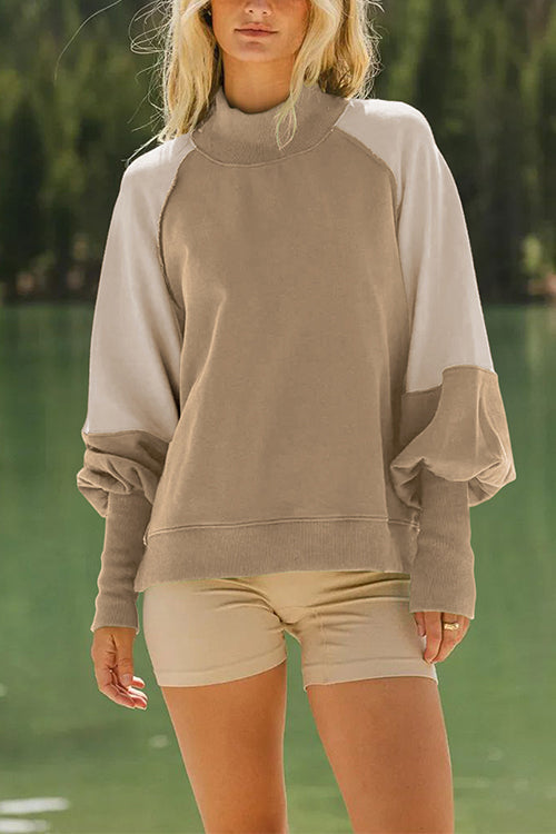 Mockneck Lantern Sleeves Color Block Sweatshirt