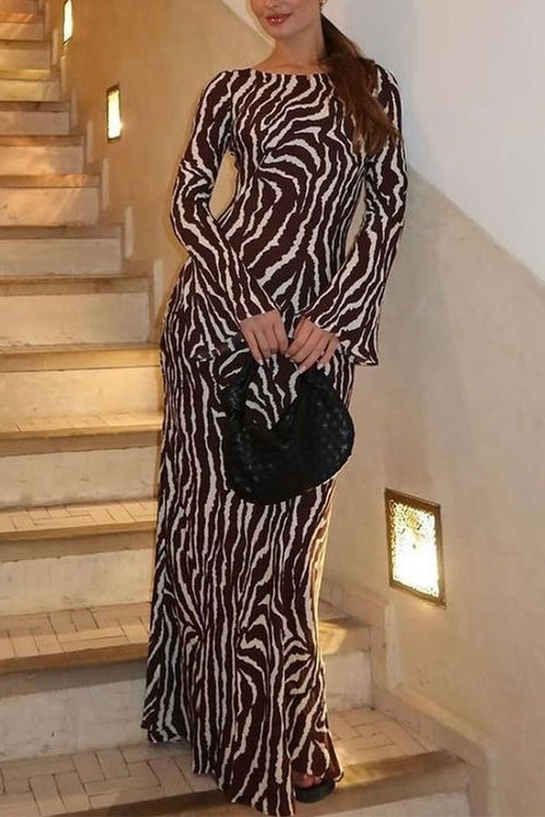 Boat Neck Bell Sleeves Animal Print Maxi Dress