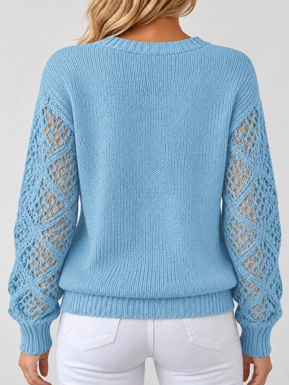 Full Size V-Neck Hollow-Out Long Sleeve Sweater Plus Size