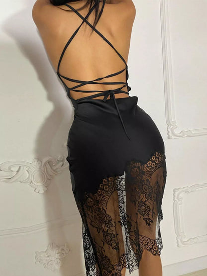 Satin Lace Trim Sleeveless Dress
