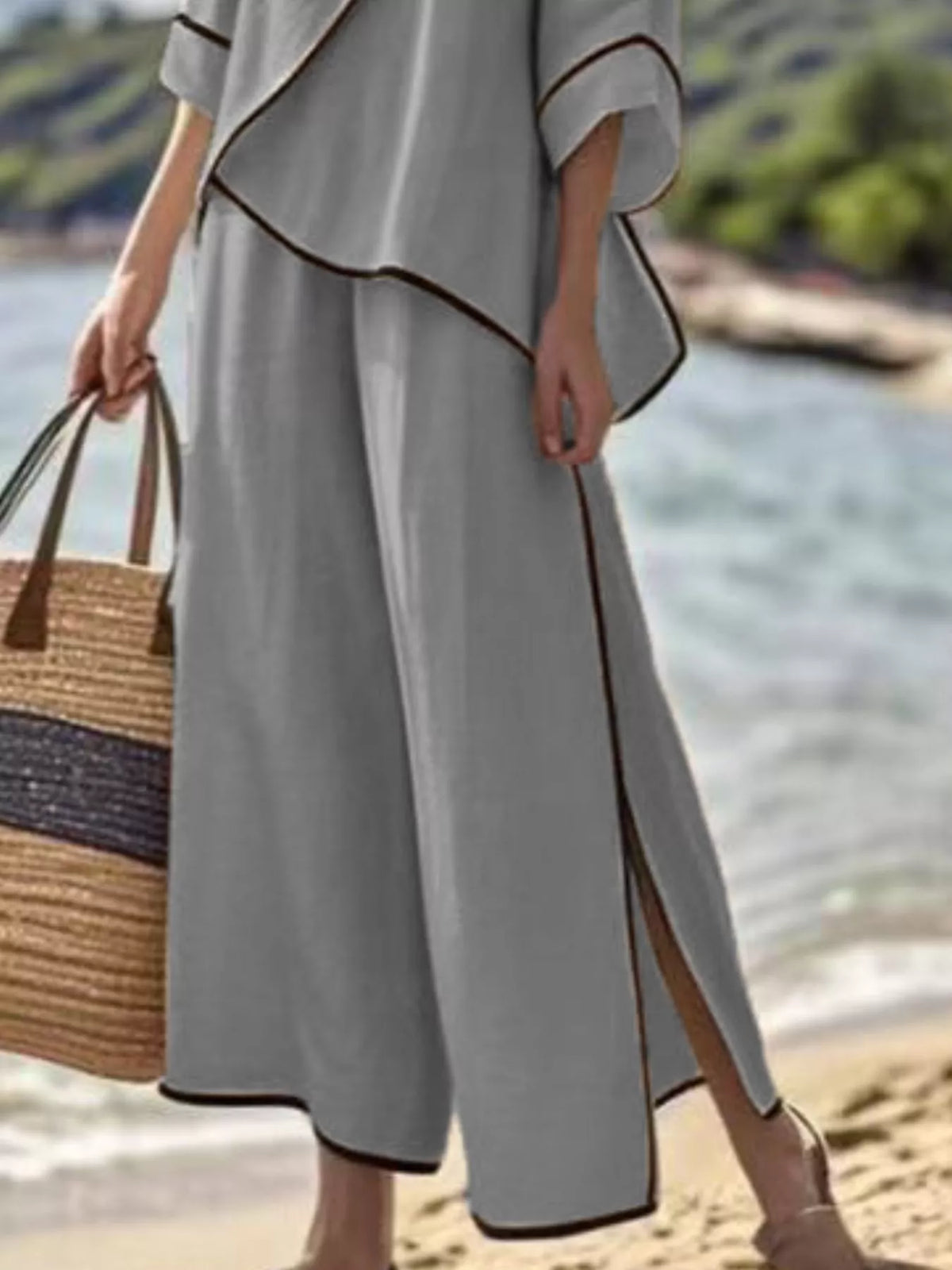 Full Size Contrast Trim Top and Wide Leg Pants Set Plus Size