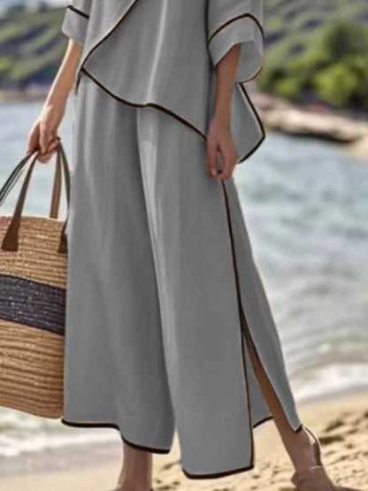 Full Size Contrast Trim Top and Wide Leg Pants Set Plus Size