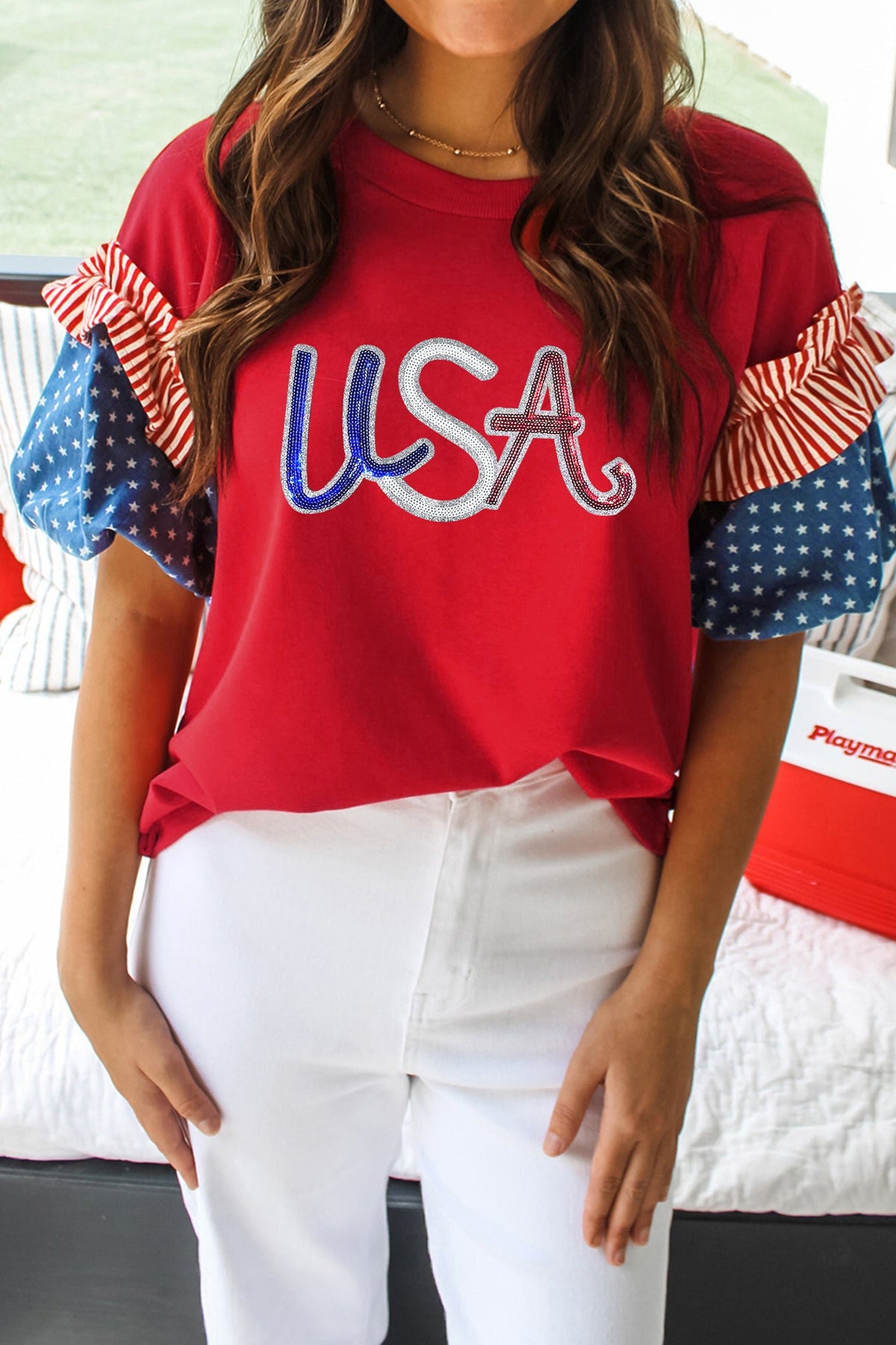 Fiery Red Sequin USA Lettering Patriotic Contrast Splicing Sleeve Top