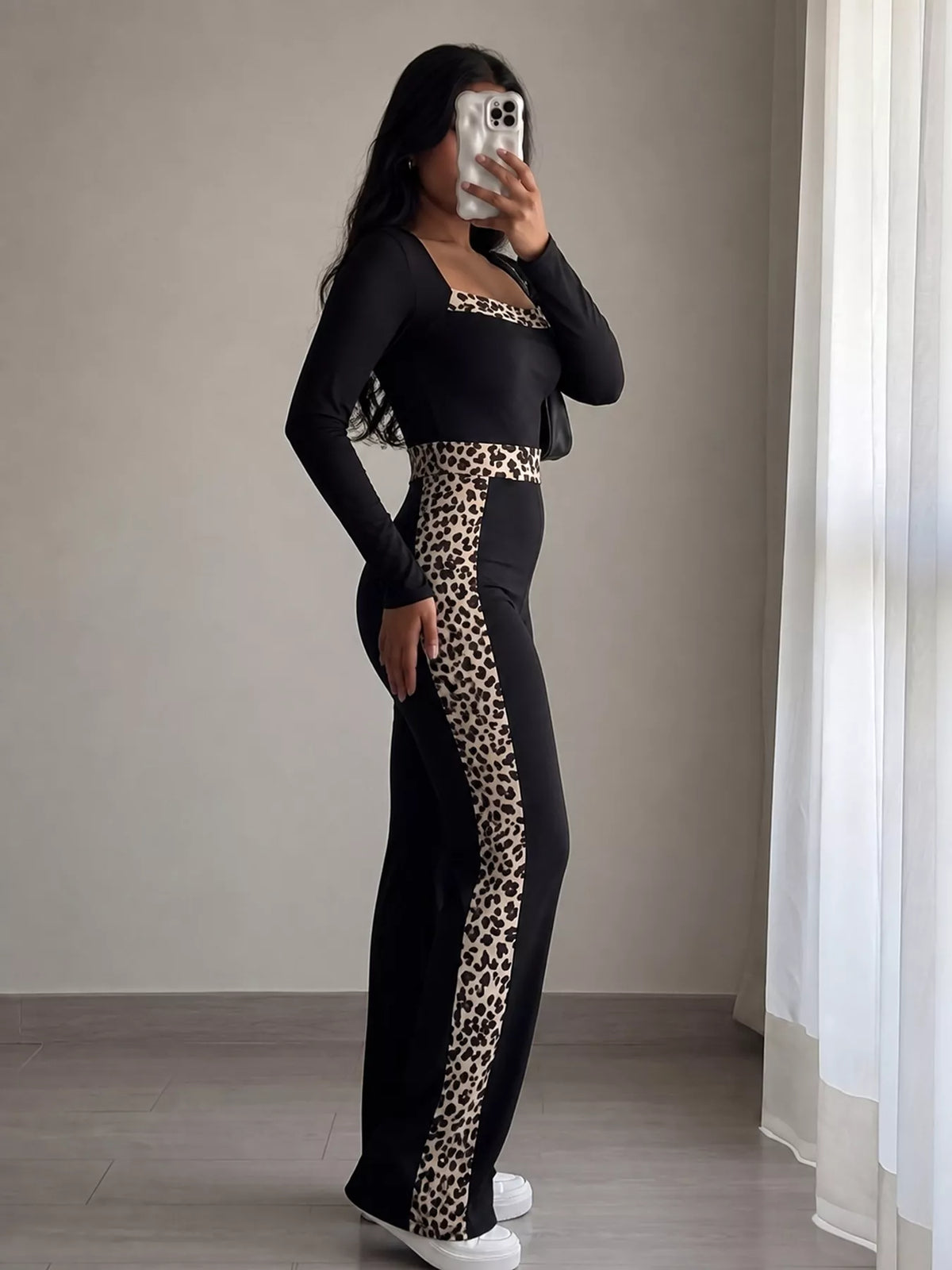 Leopard Trim Long Sleeve Jumpsuit