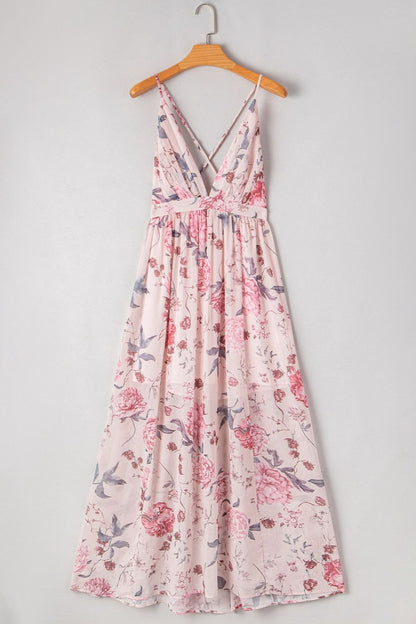 Floral Pleated Deep V Backless Maxi Dress