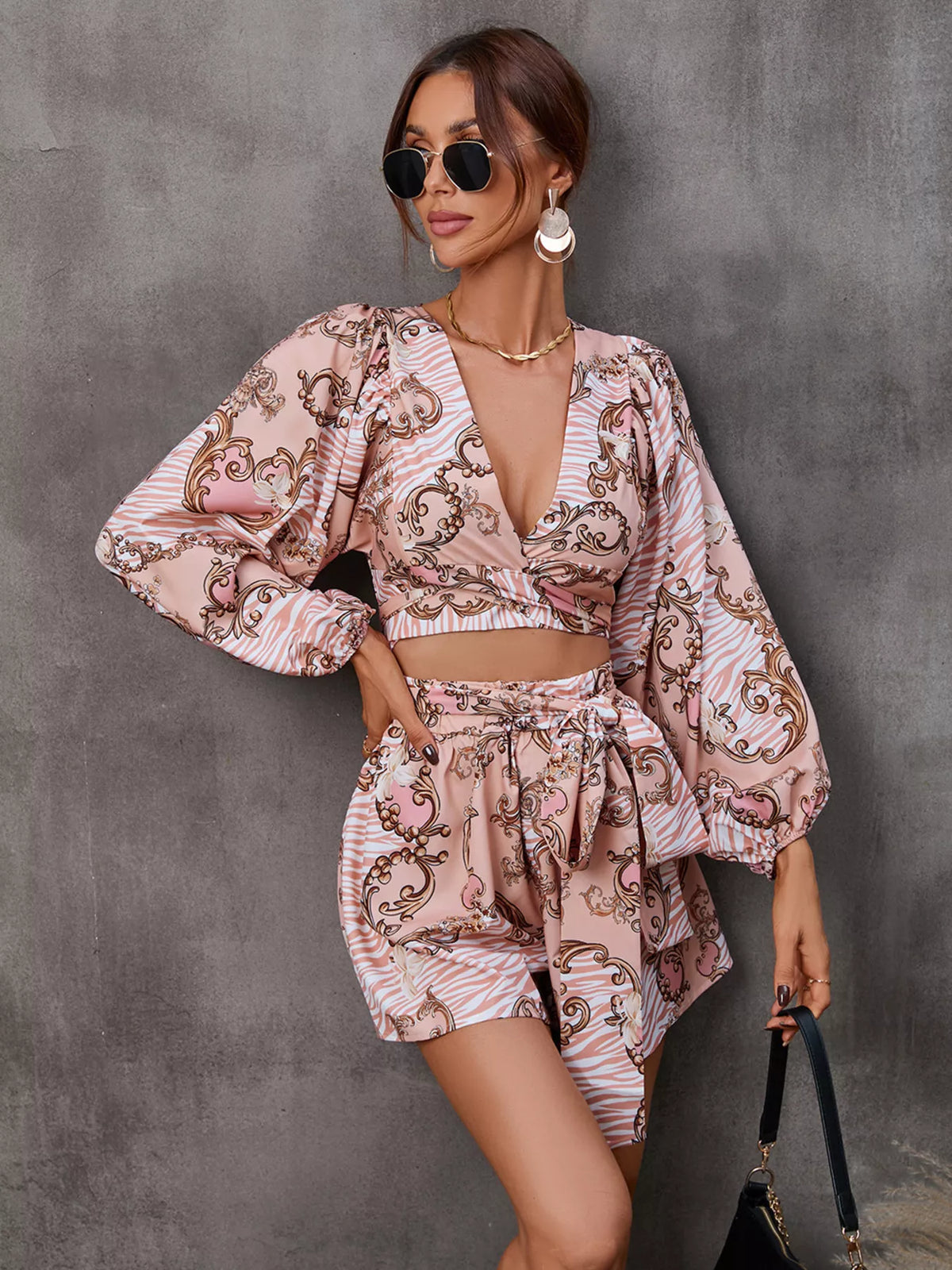 Cutout Front Printed Long Sleeve Romper