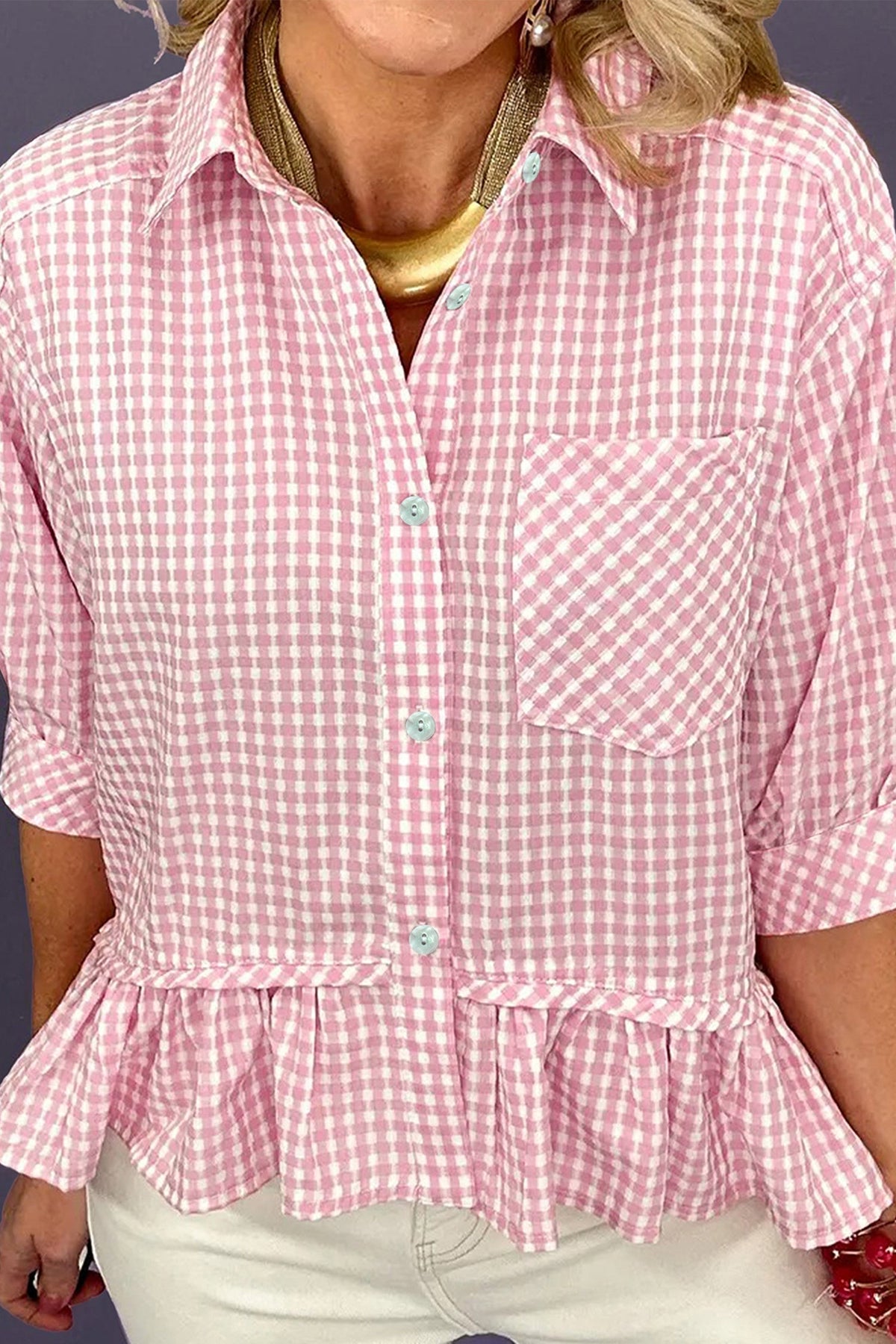 Pink Plaid Half Sleeve Ruffle Hem Button Down Shirt