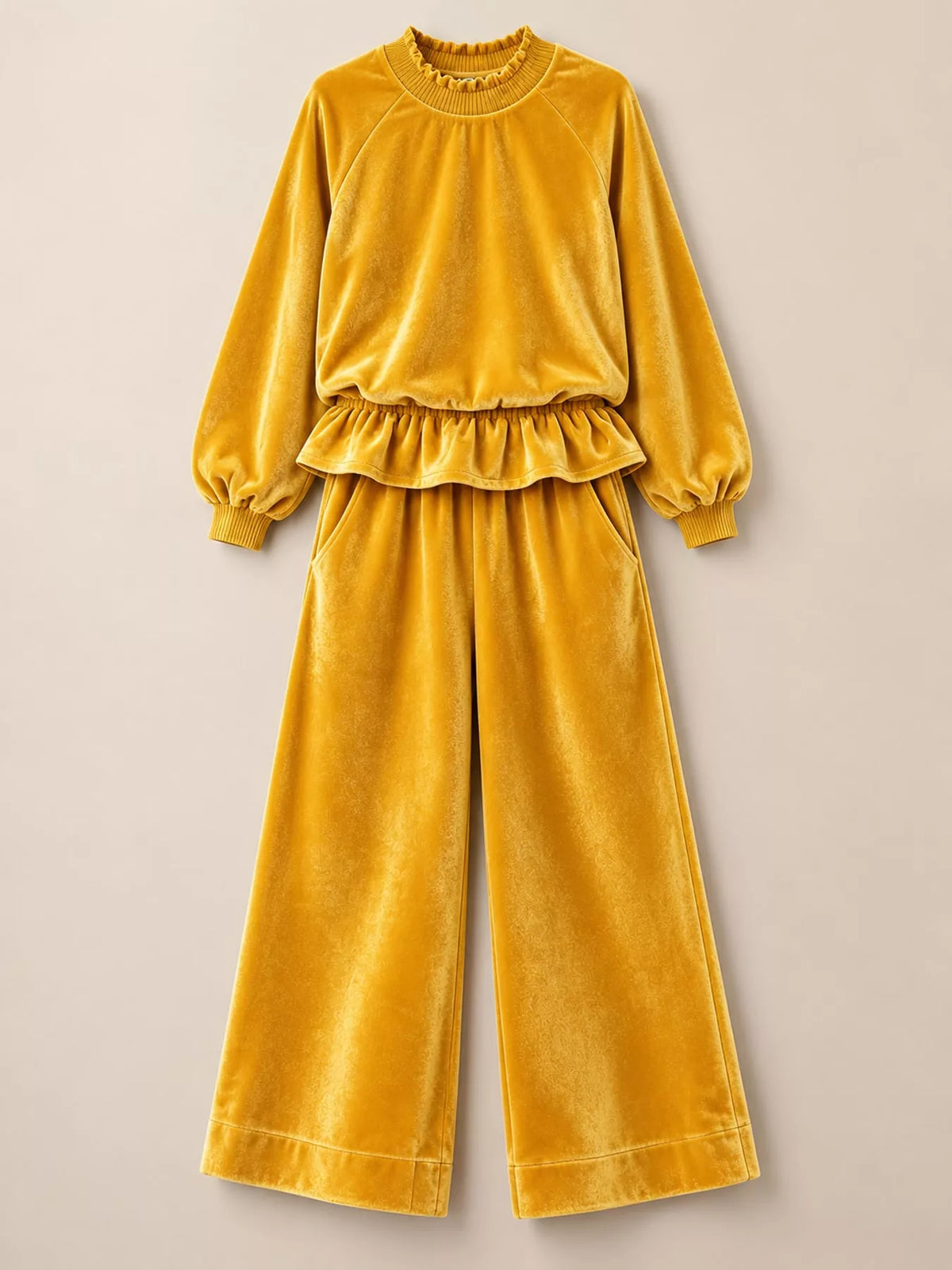Velvet Ruffled Hem Top and Wide-Leg Pants Set