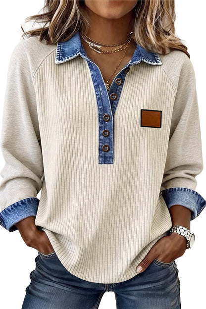 Light Grey Ribbed Denim Colorblock Detail Button Collar Long Sleeve Top