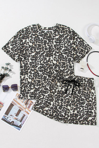 Leopard Round Neck Top And Shorts Set