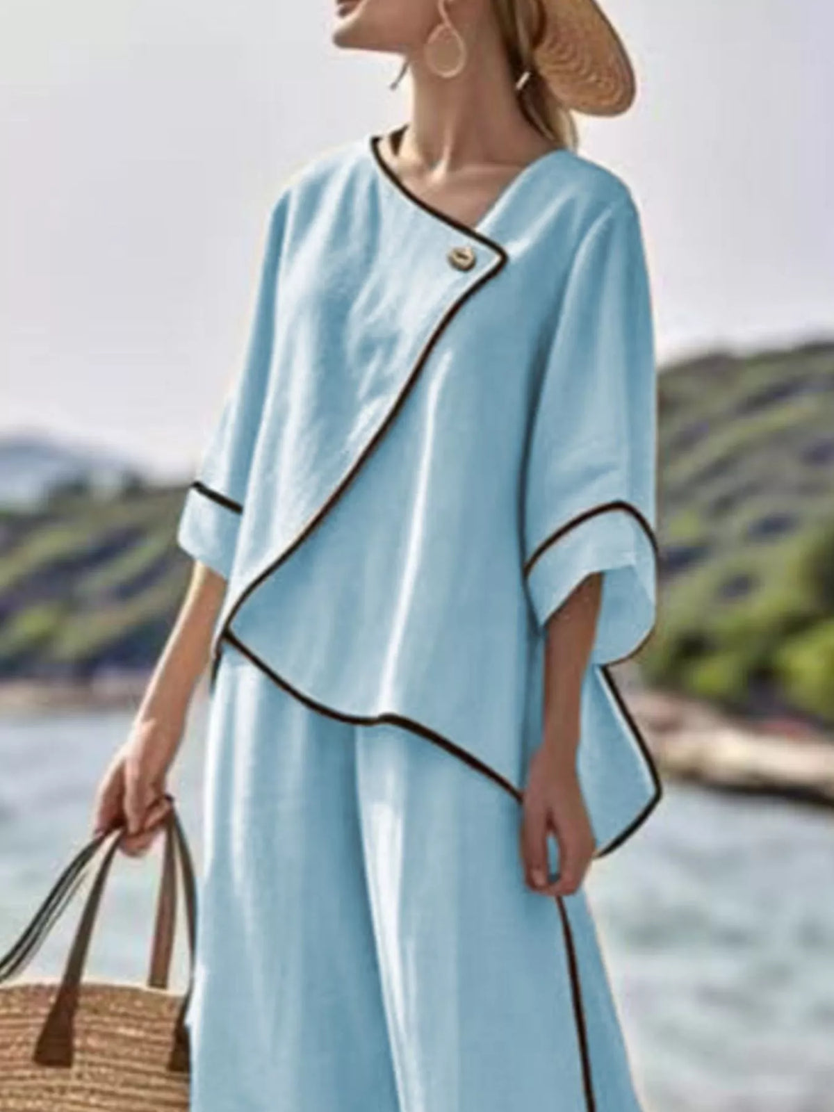 Full Size Contrast Trim Top and Wide Leg Pants Set Plus Size