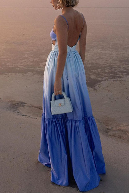 Backless Cut Out Gradient Tie Dye Ruffle Maxi Cami Dress