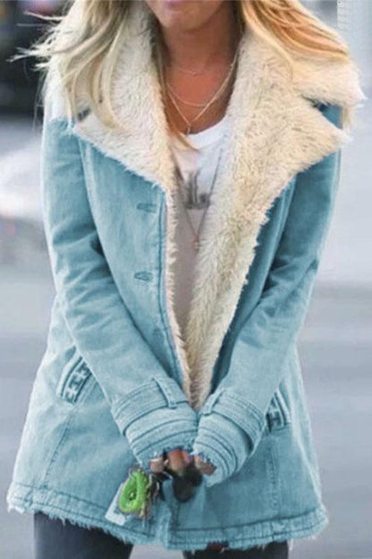 Lapel Button Down Pockets Fleece Lined Jacket LightBlue
