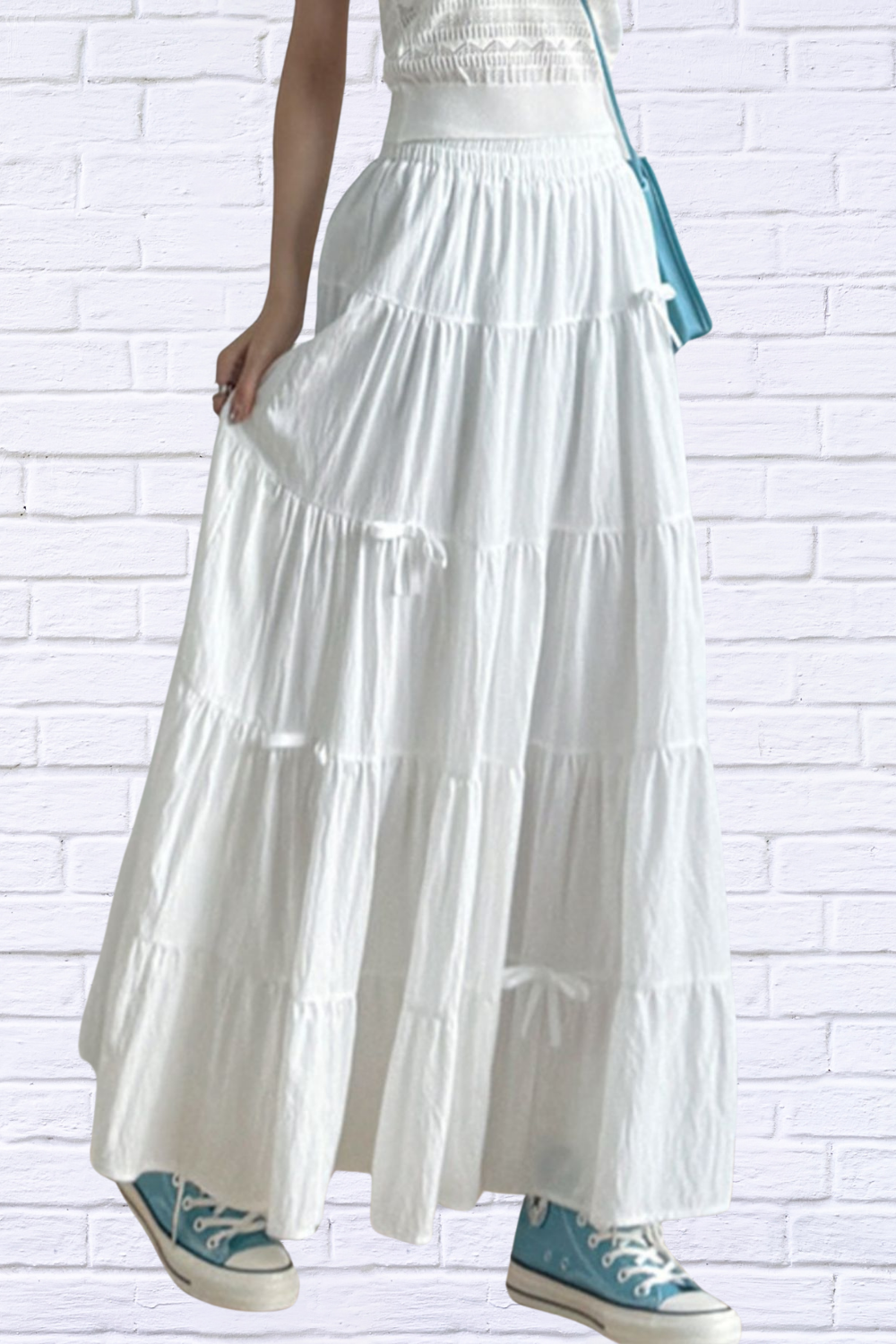 Tiered Elastic Waist Maxi Skirt White