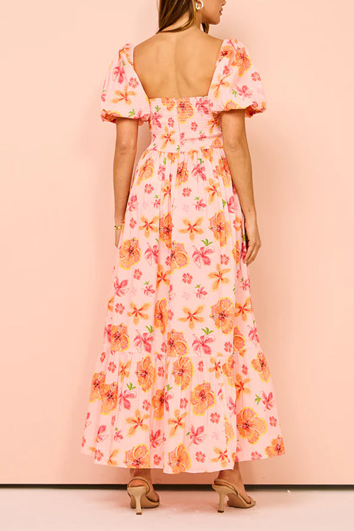 Square Neck Puff Sleeves Floral Print Ruffle Maxi Dress