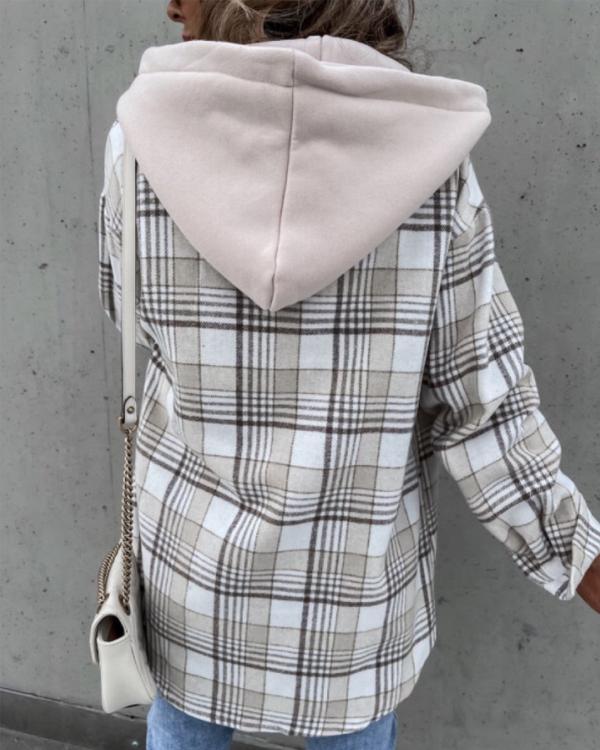 Clidress Hooded Plaid Fashion Shirt Jacket