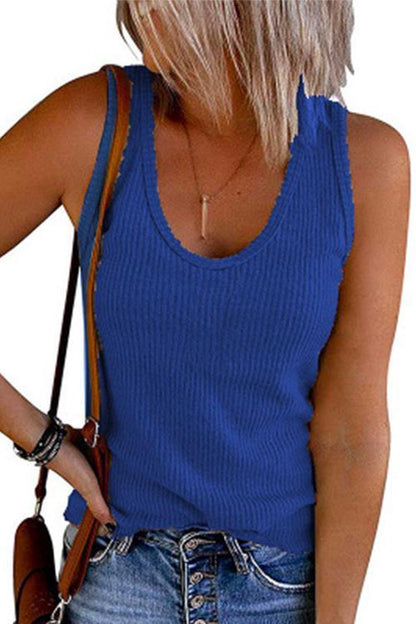 Scoop Neck Ribbed Solid Sleeveless Top Blue