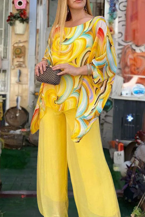 Printed Batwing Sleeves Irregular Top and Wide Leg Pants Chiffon Set Yellow
