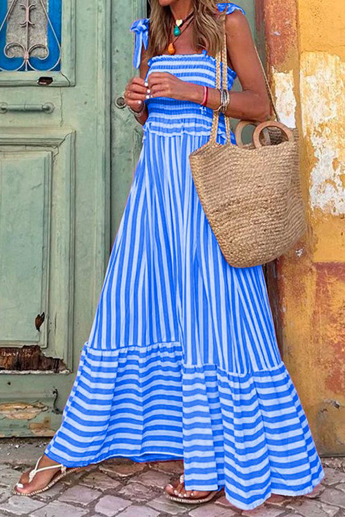 Striped Bow Knot Shoulder Smocked Ruffle Maxi Holiday Dress Blue