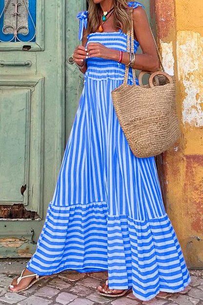 Striped Bow Knot Shoulder Smocked Ruffle Maxi Holiday Dress Blue