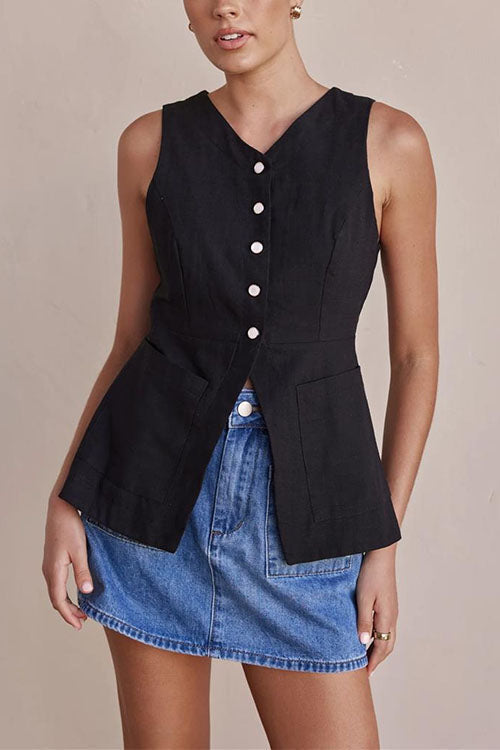 Single Breasted Pocketed Solid Vest