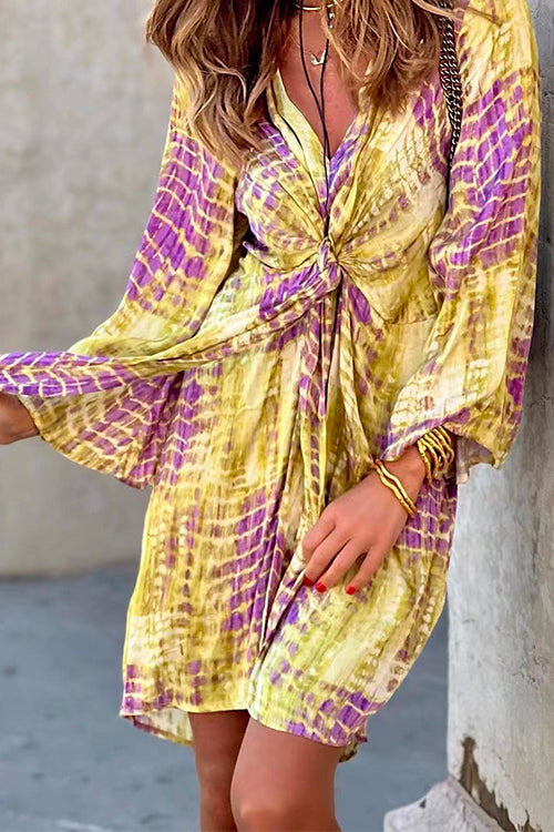 V Neck Knot Front Flare Sleeve Tie Dye Dress
