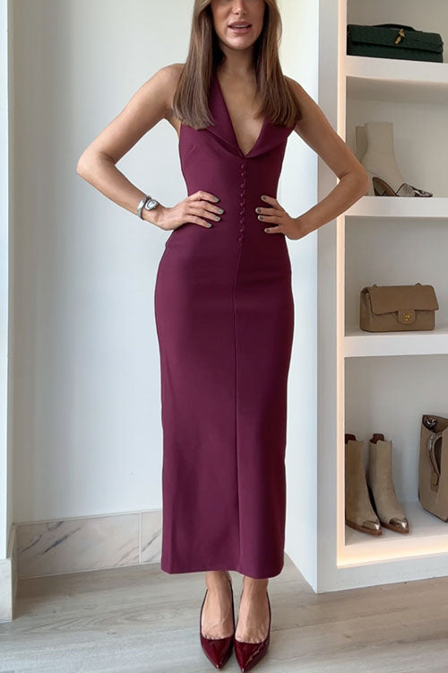 Halter V Neck Backless Buttons Bodycon Midi Dress