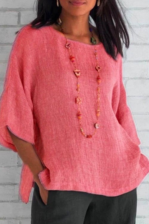 3/4 Sleeve Side Split Solid Cotton Linen Top Pink
