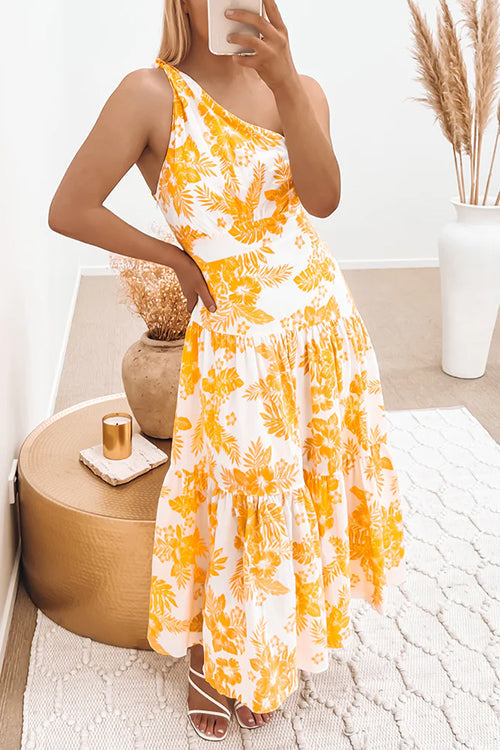 One Shoulder Sleeveless Printed Swing Maxi Dress