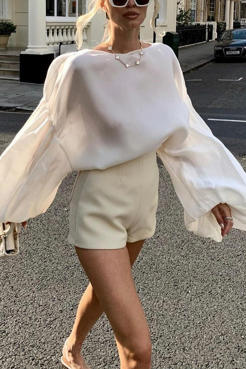 Stylish Boat Neck Puff Sleeves Satin Top