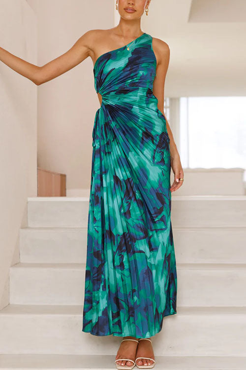 One Shoulder Drawstring Cut Out Printed Maxi Pleated Dress