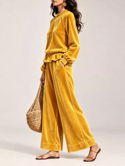 Velvet Ruffled Hem Top and Wide-Leg Pants Set