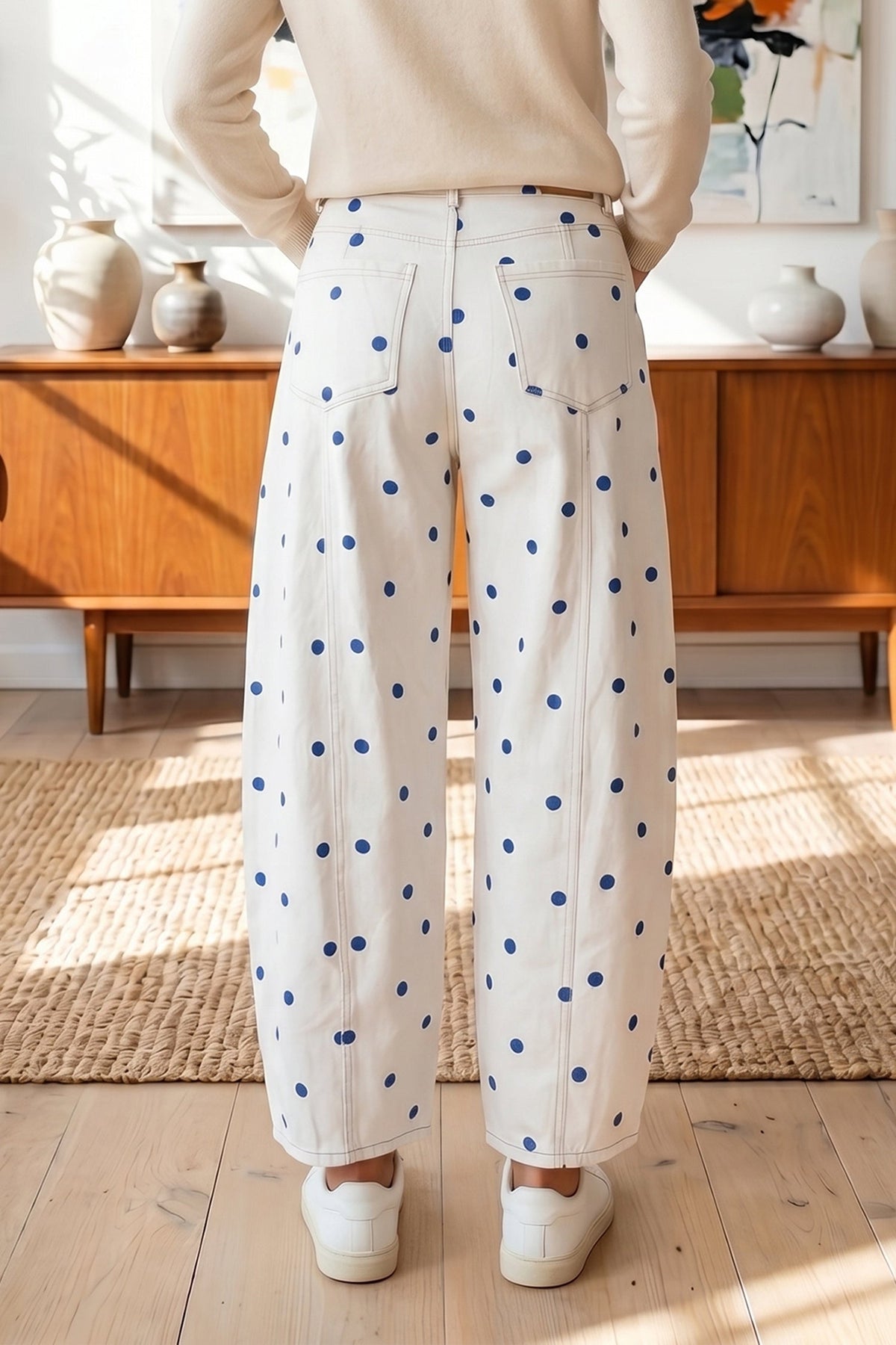 Pink Polka Dot Print Seam Detail Barrel Jeans