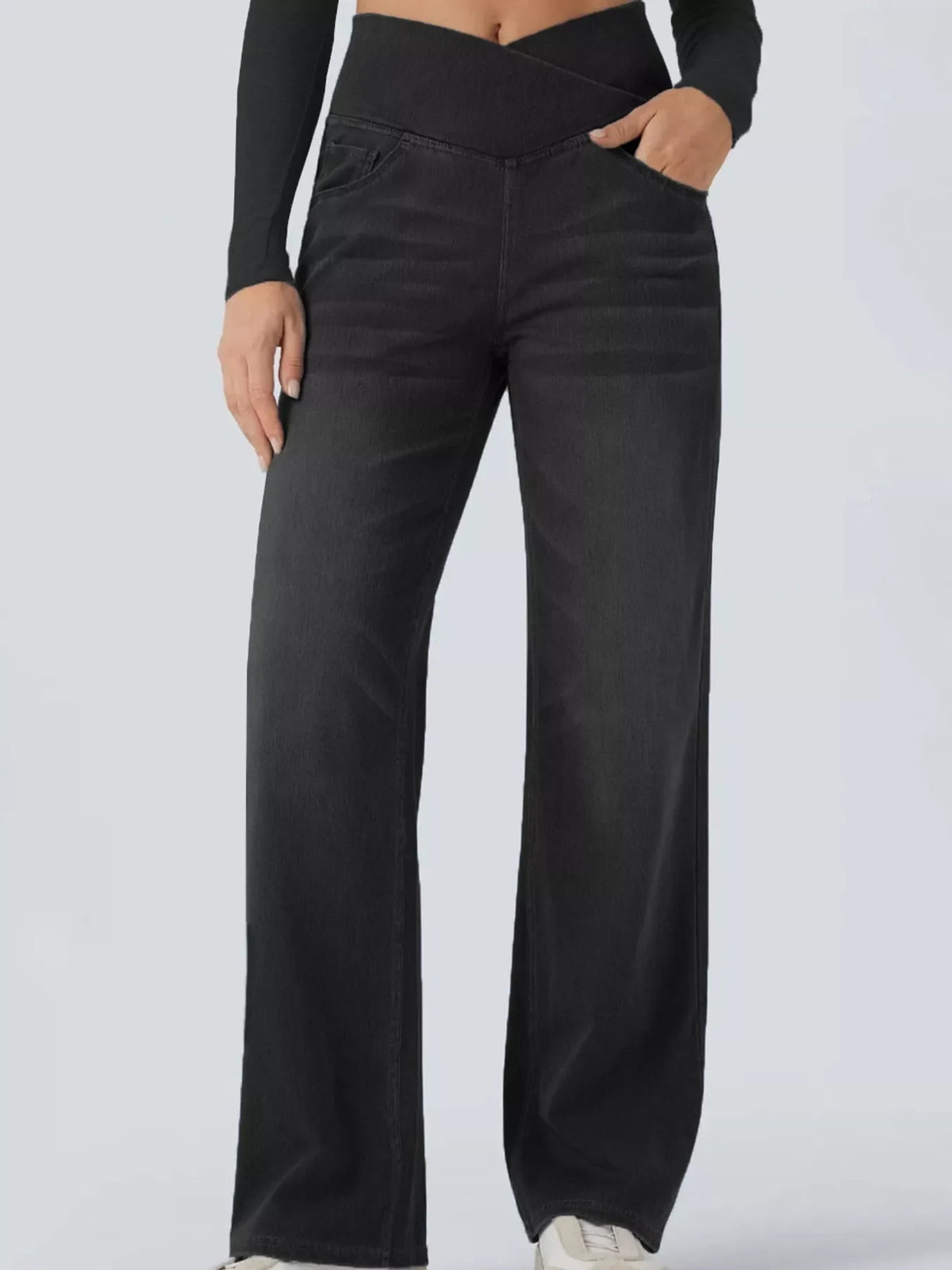 High Waisted Stretch Jeans with Crossover Waist | Straight Leg