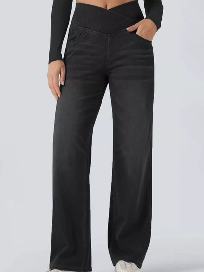 High Waisted Stretch Jeans with Crossover Waist | Straight Leg