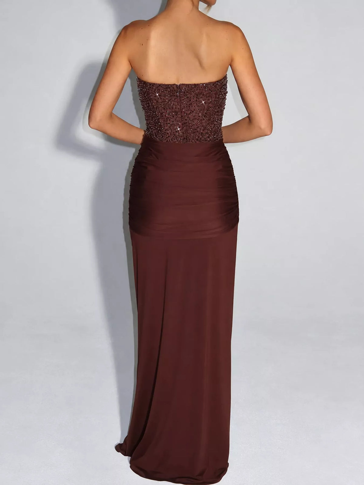 Elegant Strapless Sequin Corset Maxi Dress with Draped Waist Detail