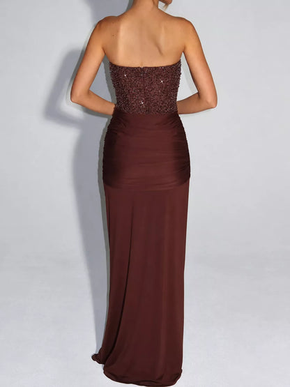 Elegant Strapless Sequin Corset Maxi Dress with Draped Waist Detail