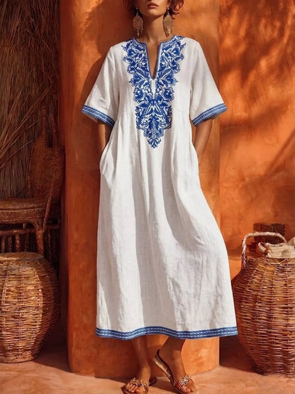 Printed Notched Half Sleeve Midi Dress