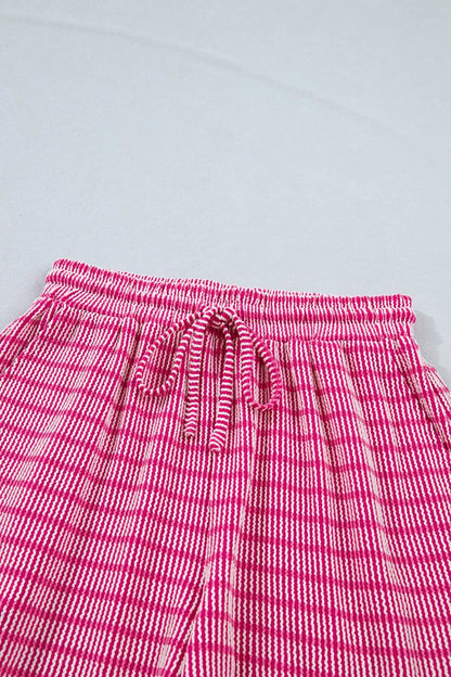 Stripe Raised Rib Loose Tee Drawstring Elastic Waist 2pcs Short Set