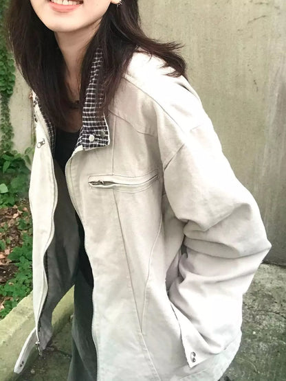 Contrast Plaid Cuffs Zip Up Jacket