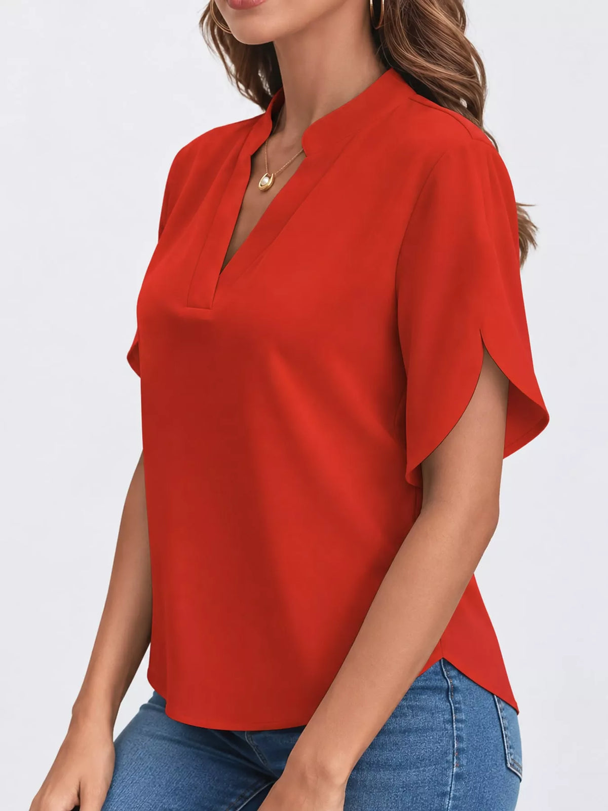 Notched Slit Short Sleeve Blouse