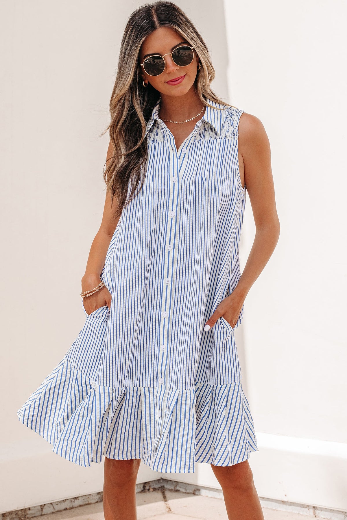 Sky Blue Stripe Shirt Collar Shirred Detail Ruffle Hem Sleeveless Dress