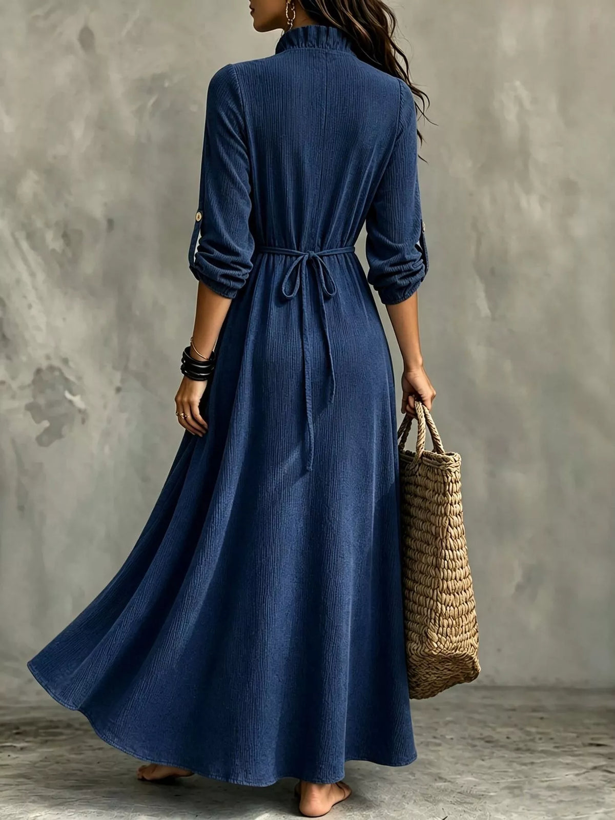 Plus Size V-Neck Maxi Dress with Roll-Up Sleeves