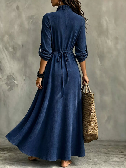 Plus Size V-Neck Maxi Dress with Roll-Up Sleeves