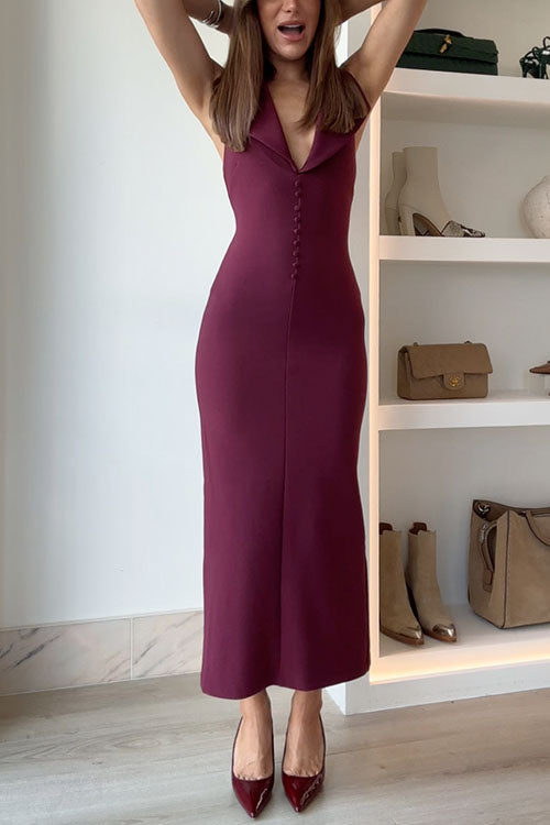 Halter V Neck Backless Buttons Bodycon Midi Dress