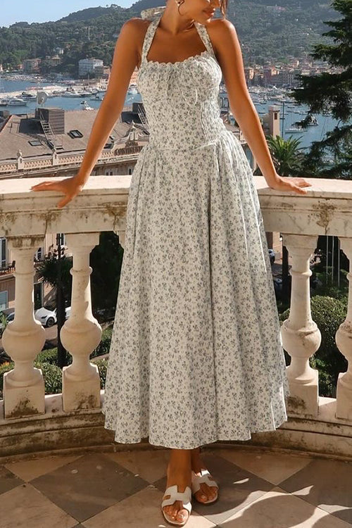 Halter Sleeveless Ruched Waist Floral Print Swing Midi Dress