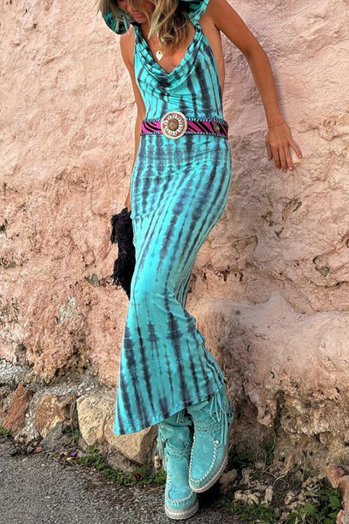 Cowl Neck Backless Tie Dye Hoodied Maxi Dress Turquoise