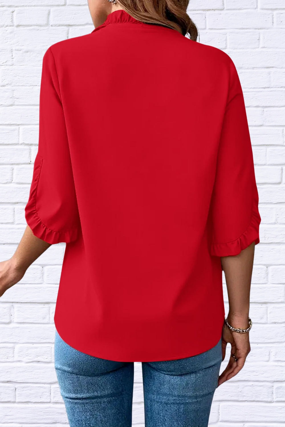 Ruffled V-Neck Short Sleeve Blouse
